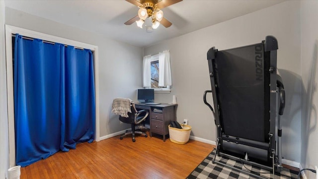 office space with ceiling fan and light wood-type flooring