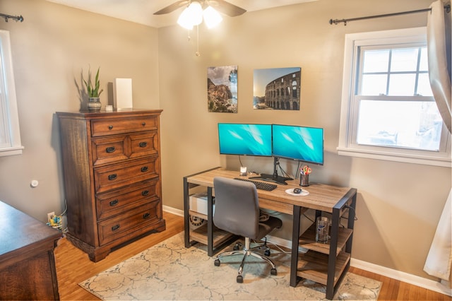 home office with ceiling fan and light wood-type flooring