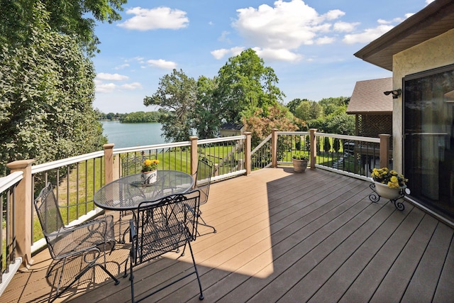 deck featuring a water view