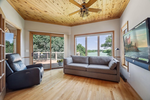 living room featuring crown molding, wooden ceiling, ceiling fan, and light wood-type flooring