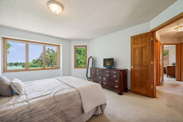 carpeted bedroom with a textured ceiling