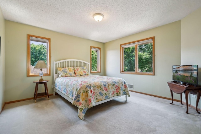 bedroom featuring carpet floors, multiple windows, and a textured ceiling