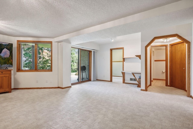 interior space featuring light carpet and a textured ceiling