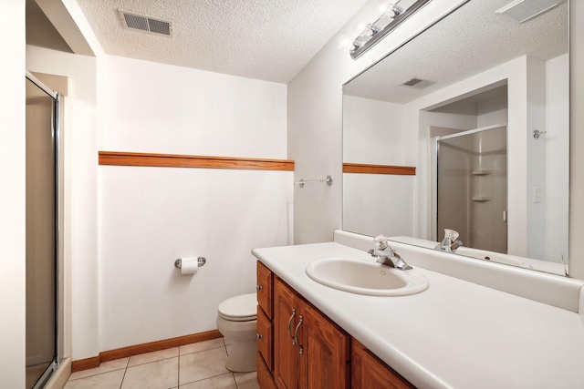 bathroom featuring vanity, walk in shower, toilet, tile patterned floors, and a textured ceiling