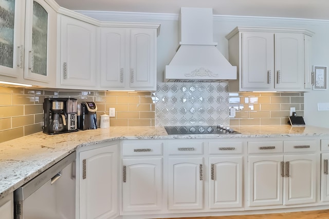 kitchen featuring dishwasher, white cabinets, decorative backsplash, custom exhaust hood, and black electric stovetop