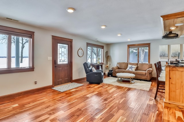 living room with light hardwood / wood-style flooring