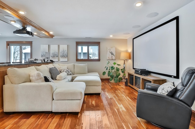 cinema room featuring light hardwood / wood-style floors