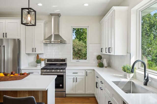 kitchen with white cabinetry, appliances with stainless steel finishes, sink, and wall chimney range hood