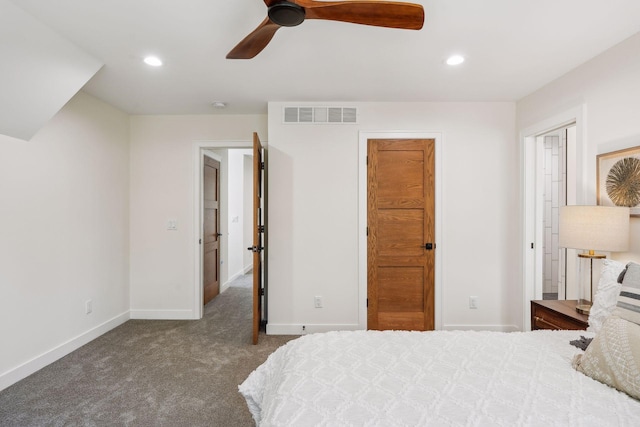 carpeted bedroom featuring ceiling fan