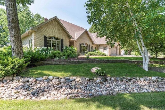 view of front of home featuring a garage and a front lawn