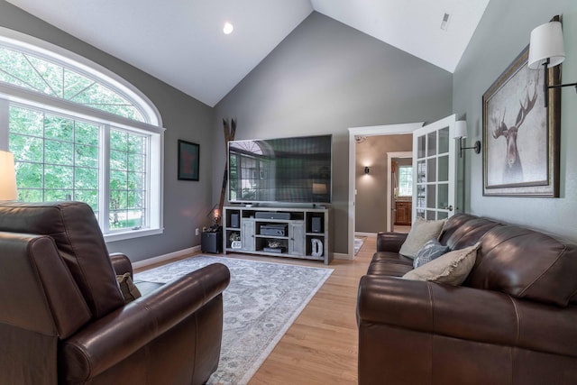 living room with high vaulted ceiling and light hardwood / wood-style floors