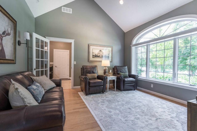 living room with high vaulted ceiling and light hardwood / wood-style flooring