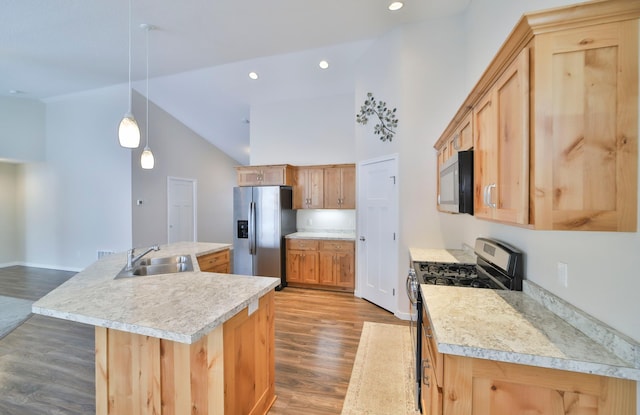 kitchen with sink, hardwood / wood-style flooring, an island with sink, pendant lighting, and stainless steel appliances