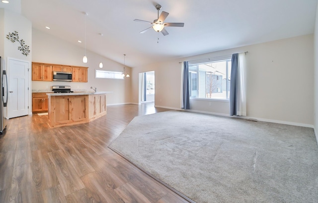 kitchen with pendant lighting, ceiling fan, appliances with stainless steel finishes, light hardwood / wood-style floors, and a center island with sink