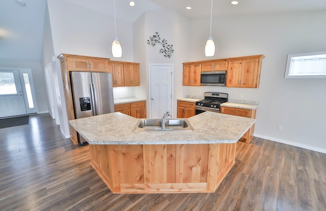 kitchen featuring an island with sink, stainless steel appliances, sink, and hanging light fixtures