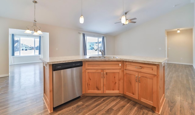 kitchen featuring dishwasher, vaulted ceiling, dark wood finished floors, ceiling fan, and a sink