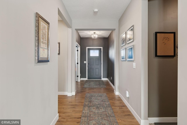 doorway with hardwood / wood-style floors and a textured ceiling