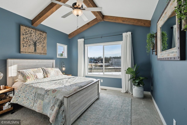 bedroom featuring vaulted ceiling with beams, light colored carpet, and ceiling fan