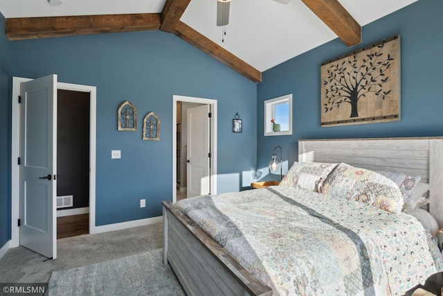 carpeted bedroom with lofted ceiling with beams and ceiling fan