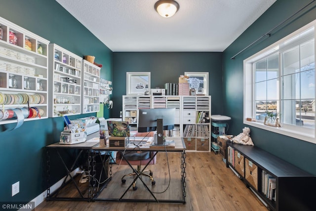 office featuring wood-type flooring and a textured ceiling