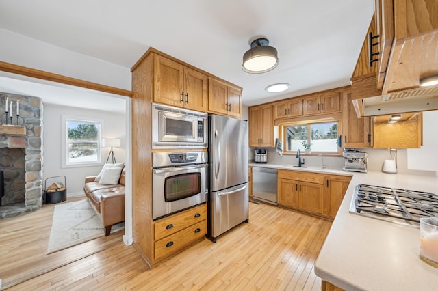 kitchen with sink, light hardwood / wood-style floors, and appliances with stainless steel finishes