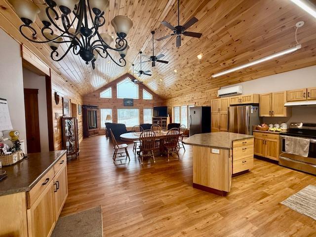 kitchen featuring a kitchen island, appliances with stainless steel finishes, high vaulted ceiling, wood ceiling, and light wood-type flooring