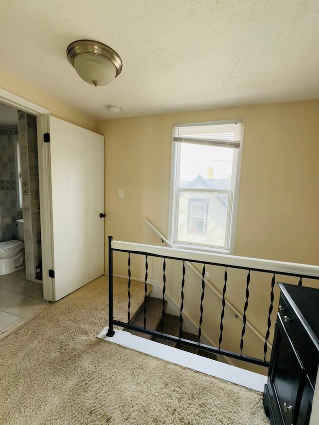 stairs featuring carpet and a textured ceiling