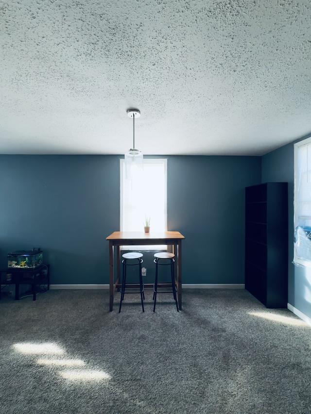 interior space featuring a textured ceiling and dark colored carpet