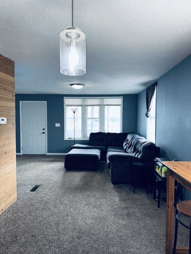 living room featuring a textured ceiling and wood walls