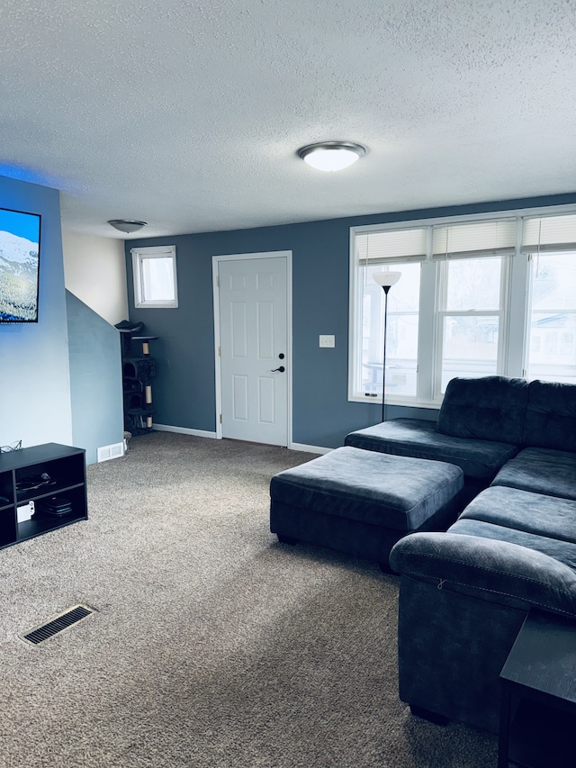 living room featuring carpet floors and a textured ceiling