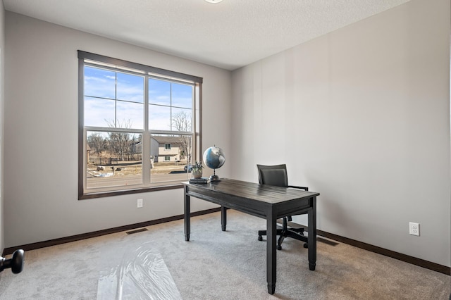 home office with light colored carpet and a textured ceiling