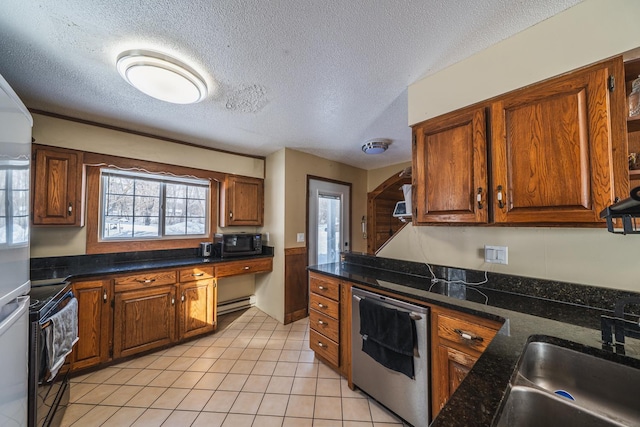 kitchen featuring light tile patterned floors, brown cabinetry, a sink, dishwasher, and black / electric stove