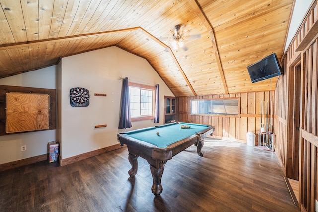 game room featuring billiards, a ceiling fan, wood ceiling, wood finished floors, and vaulted ceiling