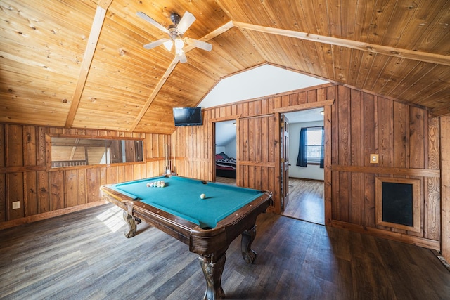 playroom featuring ceiling fan, pool table, wooden ceiling, lofted ceiling, and wooden walls