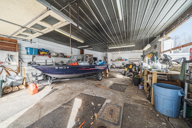 garage with a workshop area