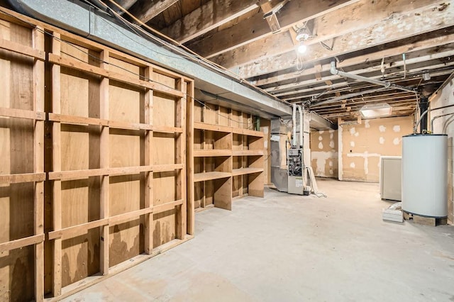 unfinished basement with water heater and heating unit