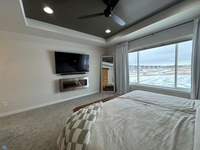 bedroom with a tray ceiling, ceiling fan, and carpet flooring