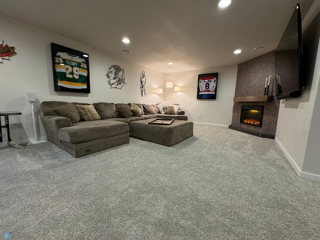 living room featuring carpet floors and a fireplace