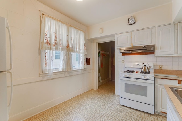 1802 3rd Ave N, Minneapolis, MN 55405 - kitchen featuring white cabinetry, backsplash, white appliances, and sink