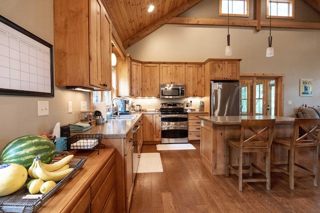 kitchen with sink, a breakfast bar area, hanging light fixtures, stainless steel appliances, and dark hardwood / wood-style flooring