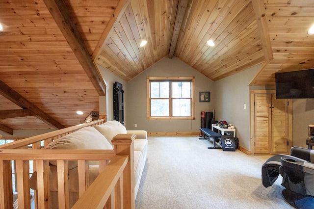 living area featuring light colored carpet, lofted ceiling with beams, and wooden ceiling