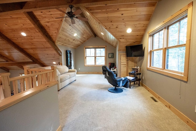 interior space with wood ceiling, ceiling fan, vaulted ceiling, and carpet