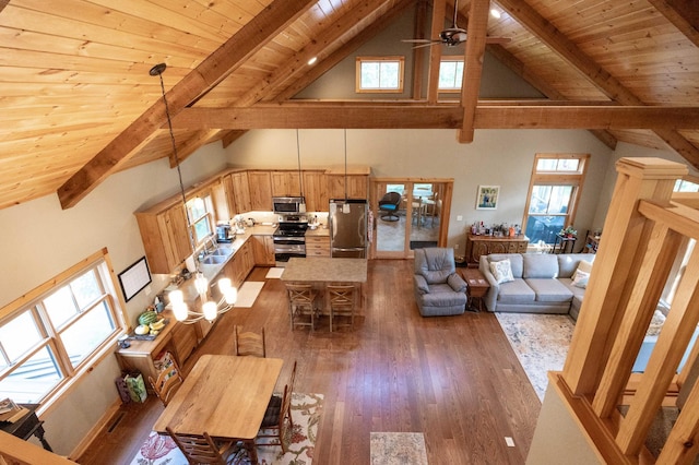 living room with beamed ceiling, sink, ceiling fan, wood ceiling, and dark wood-type flooring