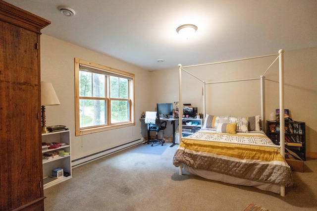 carpeted bedroom with a baseboard radiator