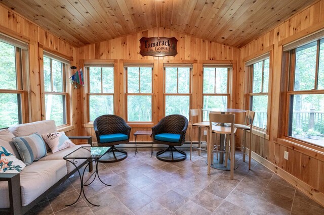 sunroom featuring vaulted ceiling and wooden ceiling