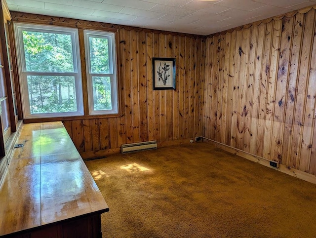 carpeted empty room featuring plenty of natural light, wooden walls, and baseboard heating