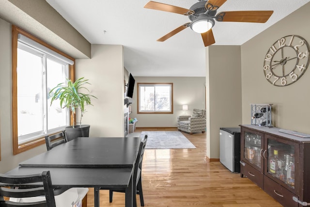 dining space featuring ceiling fan, plenty of natural light, and light hardwood / wood-style flooring