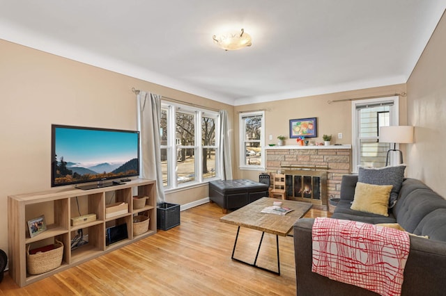 living room with hardwood / wood-style flooring and a fireplace