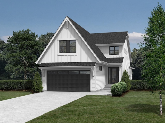 modern farmhouse featuring a garage and a front yard