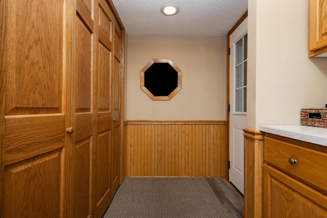 hallway featuring carpet floors, a textured ceiling, and wood walls